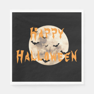 Serviette En Papier Black Orange Happy Halloween chauves-souris lune
