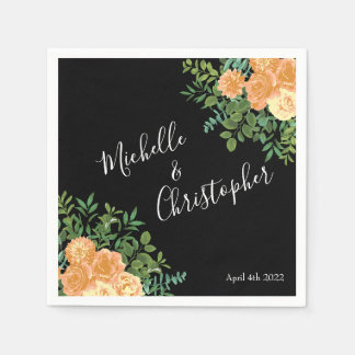 Serviette En Papier Black & Peach Mariage Floral moderne