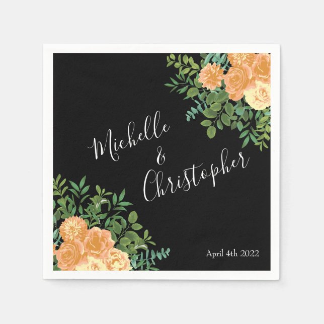 Serviette En Papier Black & Peach Mariage Floral moderne (Devant)