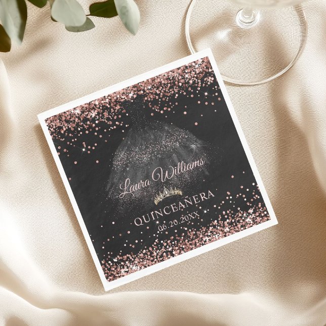 Serviette En Papier Black & Rose Gold Glitter Princess Quinceañera  (Rose gold and Black Princess Quinceañeras party napkin)