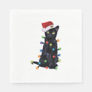 Serviette En Papier Black Santa Cat with christmas lights