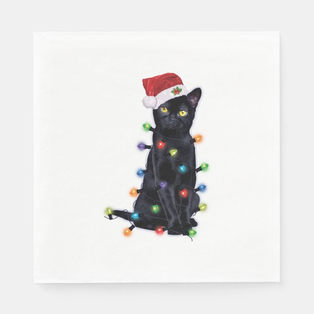 Serviette En Papier Black Santa Cat with christmas lights (Devant)