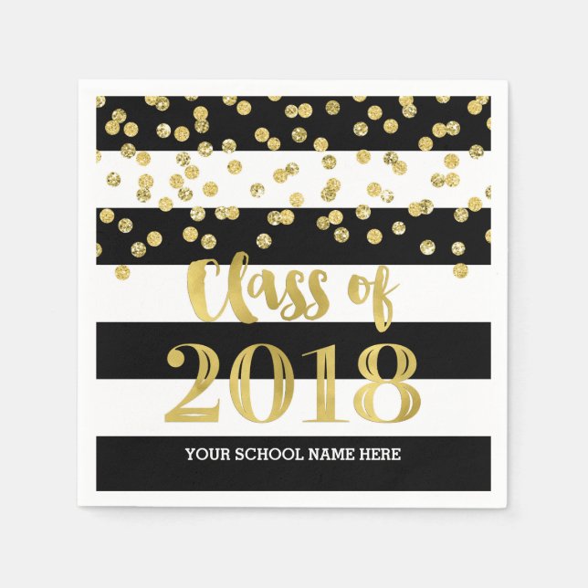 Serviette En Papier Black Stripes Gold Dots Classe de 2018 Graduation (Devant)