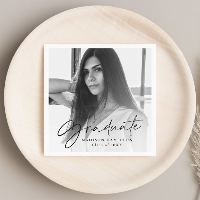 Serviette En Papier Black | Stylish Script Photo Fête de fin d'études (Créateur téléchargé)