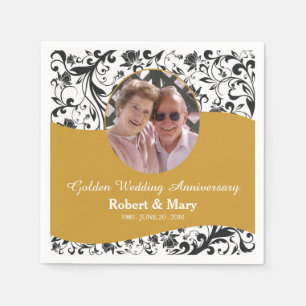Serviette En Papier Black Swirl & Gold 50e anniversaire Mariage Photo