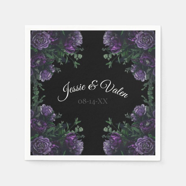 Serviette En Papier Black Violet Floral Élégant Mariage Gothique (Devant)