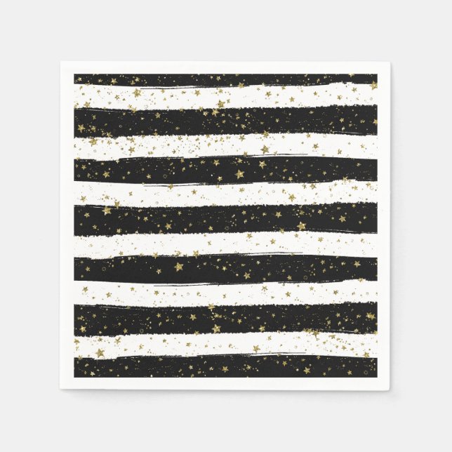 Serviette En Papier Black White Aquarelle rayures Gold Parties scintil (Devant)