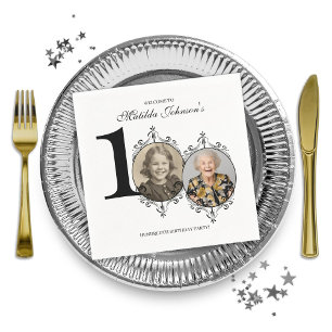 Serviette En Papier Black White Elegant Photo 100th Birthday Party