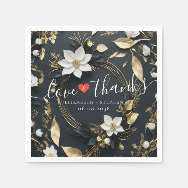 Serviette En Papier Black White Gold Floral Wreath Mariage Love Merci (Devant)