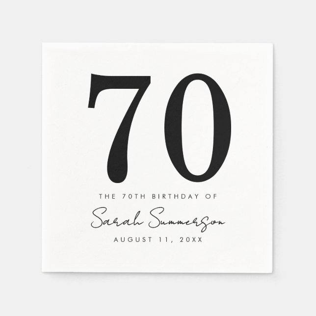 Serviette En Papier Black White Name Date Seventy 70th Birthday Party (Devant)