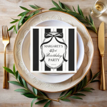 Black white retro stripes bow birthday monogrammed