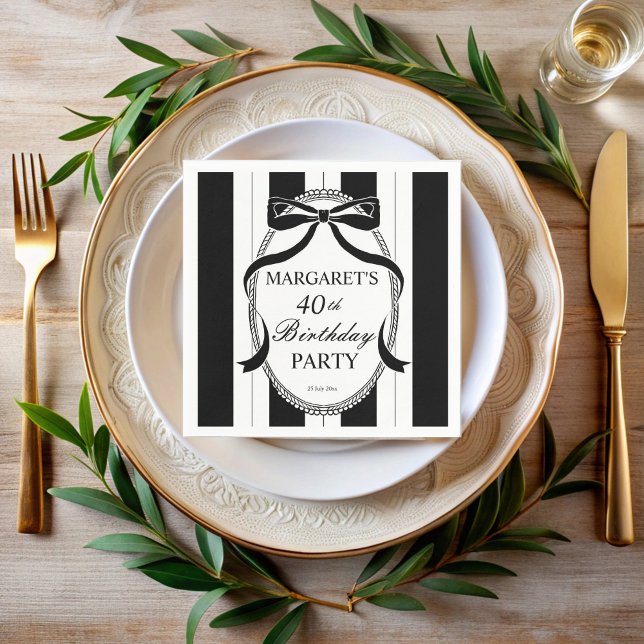 Serviette En Papier Black white retro stripes bow birthday monogrammed (Black white retro stripes bow border adults birthday party elegant monogrammed printed napkins)