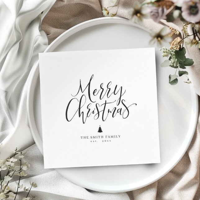 Serviette En Papier Black & White Simple Calligraphy Merry Christmas (Black & White Simple Calligraphy Merry Christmas Napkins)