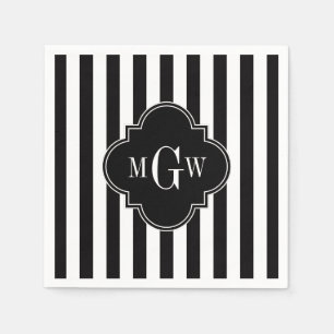 Serviette En Papier Black White Stripe Black Quatrefoil 3 Monogramme