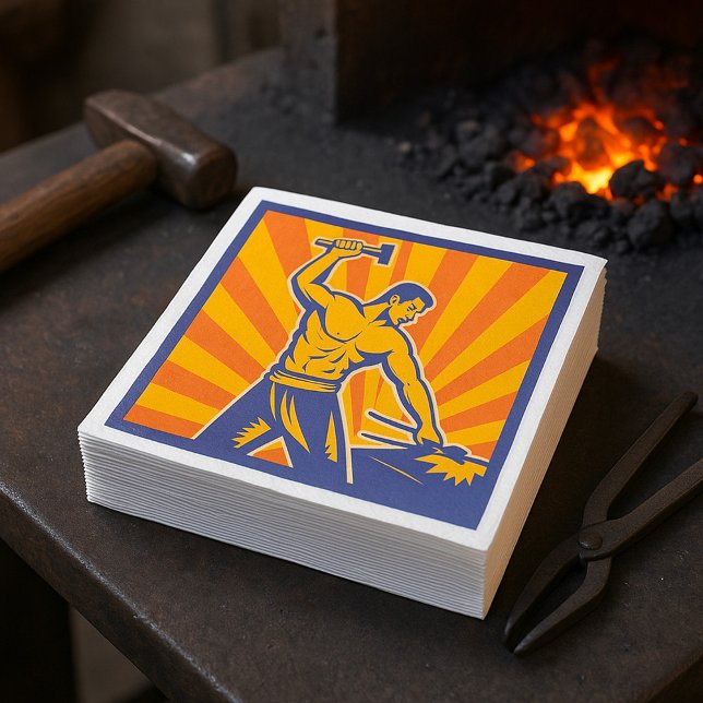 Serviette En Papier Blacksmith Hammering Retro Strongman Labor (Créateur téléchargé)