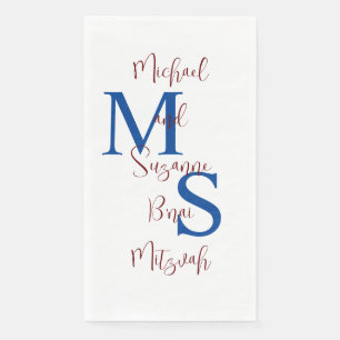 Serviette En Papier Blanc bleu Bourgogne B'nai Mitzvah Nom Monogramme