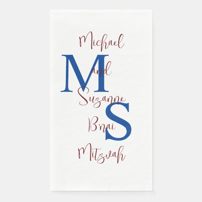Serviette En Papier Blanc bleu Bourgogne B'nai Mitzvah Nom Monogramme (Devant)