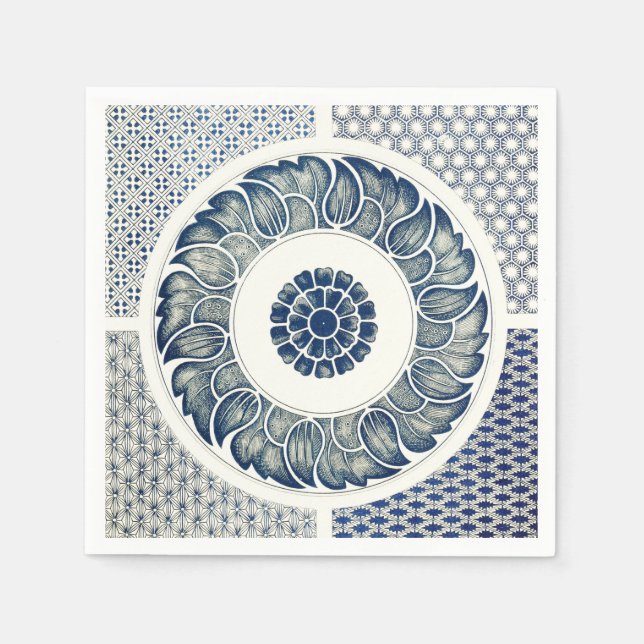 Serviette En Papier Blanc bleu Floral chinois rond (Devant)