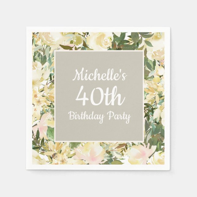 Serviette En Papier Blanc crème Sage Vert Floral 40e anniversaire (Devant)