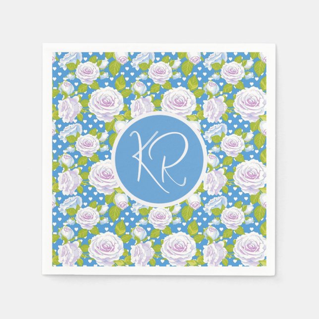 Serviette En Papier Blanc Fleur Bleue Rose Monogramme Initiales Tendan (Devant)
