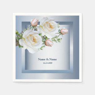 Serviette En Papier Blanc Floral Élégant Bleu Gris