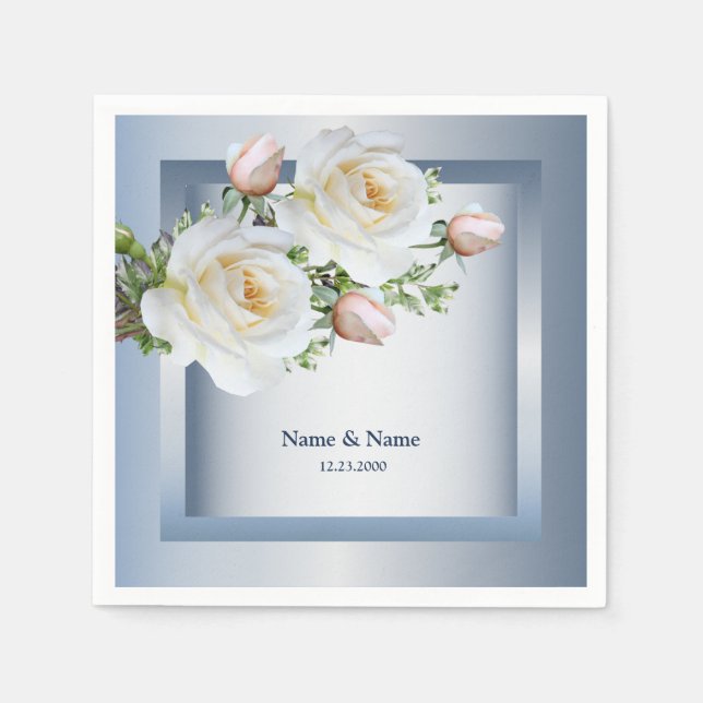 Serviette En Papier Blanc Floral Élégant Bleu Gris (Devant)