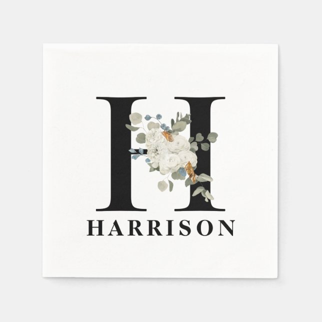 Serviette En Papier Blanc Floral Noir Monogramme H (Devant)