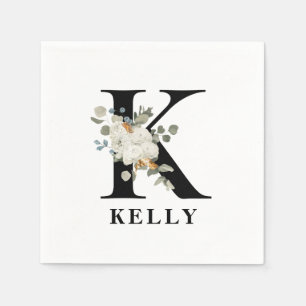 Serviette En Papier Blanc Floral Noir Monogramme K