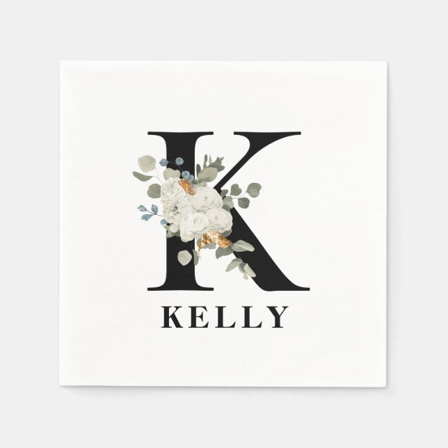Serviette En Papier Blanc Floral Noir Monogramme K (Devant)
