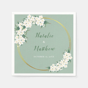 Serviette En Papier Blanc Floral Vert Chinoiserie Motif Mariage