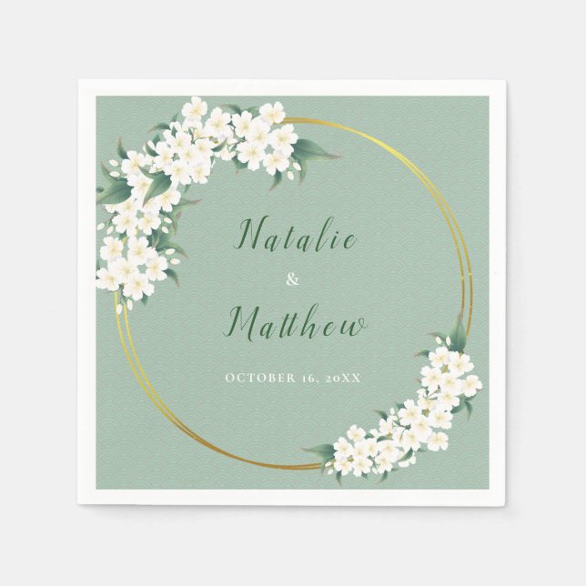 Serviette En Papier Blanc Floral Vert Chinoiserie Motif Mariage (Devant)