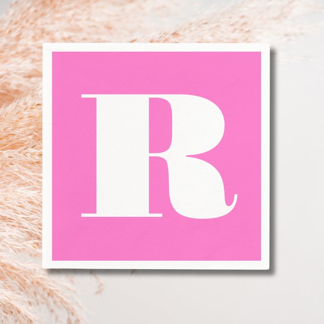 Serviette En Papier Blanc Grand Monogramme Stylé | Rose Néon (Créateur téléchargé)