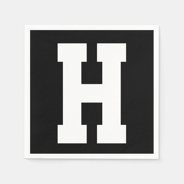 Serviette En Papier Blanc Grande Initiale Moderne | Noir (Devant)