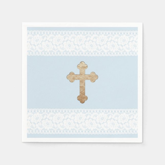 Serviette En Papier Blanc Lace Or Croix Bleu Bleu papier religieux (Devant)