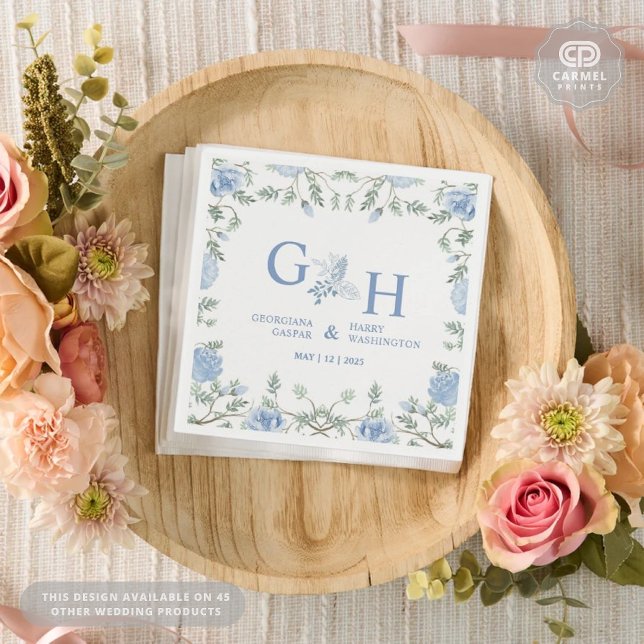 Serviette En Papier Blanc Léger Paste Bleu Fleurs Florales Mariage (White Light Soft Paste Blue Flowers Floral Wedding Napkins
)