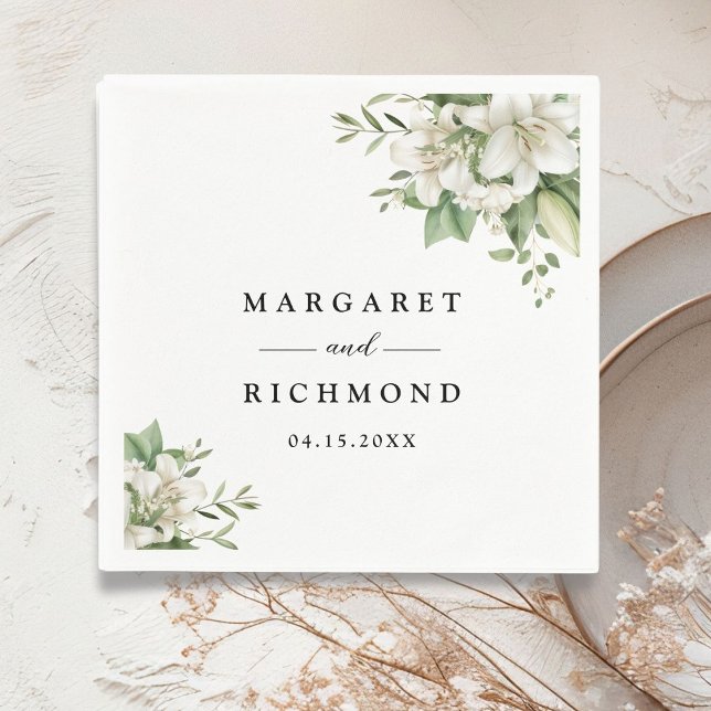 Serviette En Papier Blanc Lily Elegant Aquarelle Floral Mariage (Créateur téléchargé)