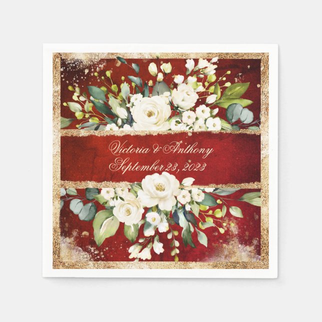 Serviette En Papier Blanc or Botanique Floral Rouge Rustique Mariage (Devant)