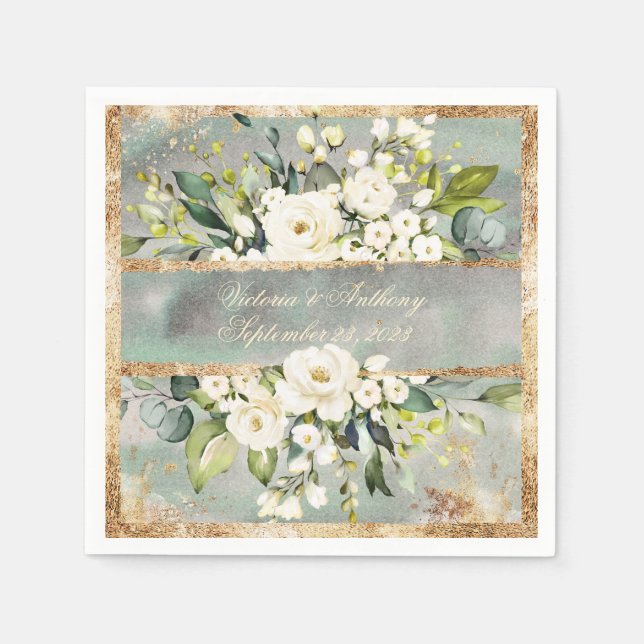 Serviette En Papier Blanc or Botanique Floral Sage Vert Mariage (Devant)