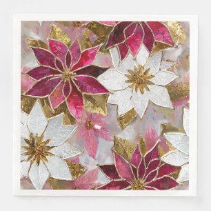 Serviette En Papier Blanc Or Bourgogne rose Poinsettias de Noël