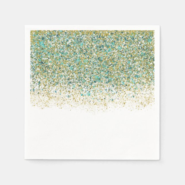 Serviette En Papier Blanc Or et Paillettes Bleu sarcelle Moderne Glamo (Devant)