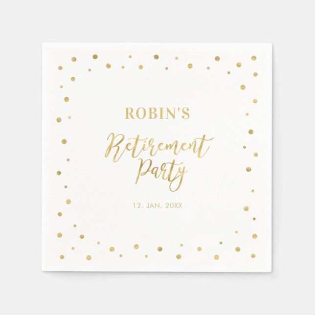 Serviette En Papier Blanc & Or | Fête de retraite chic avec confettis (Devant)