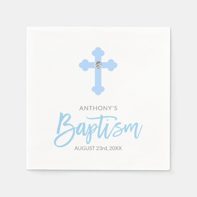 Serviette En Papier Blanc personnalisé Pastel Blue Boy Cross BAPTISM (Devant)