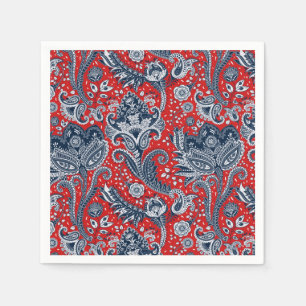 Serviette En Papier Blanc rouge et bleu Floral Paisley Bohemian Boho
