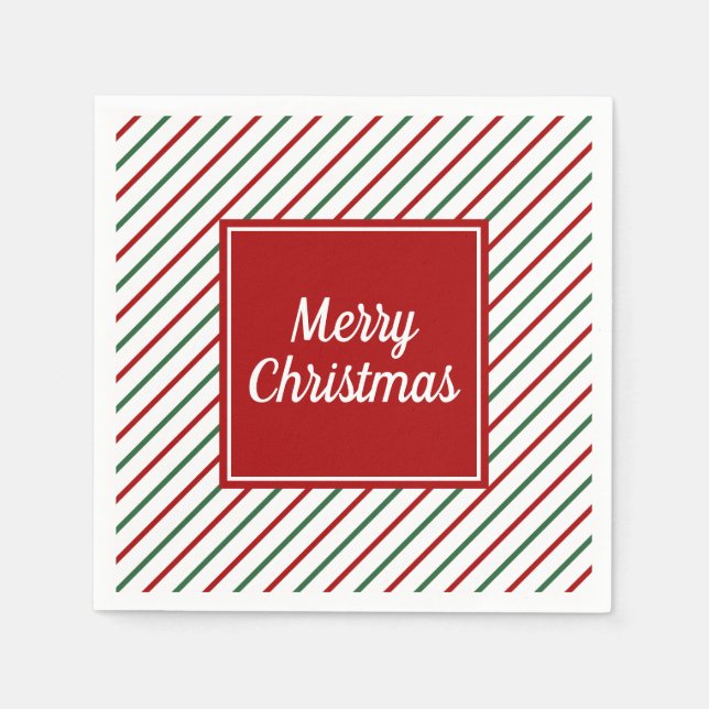 Serviette En Papier Blanc Rouge Vert rayures Joyeux Noël (Devant)