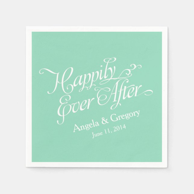 Serviette En Papier Blanc Vert Menthe Heureux Jamais Après Mariage (Devant)