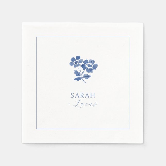 Serviette En Papier BLANCHE | Mariage de Merci plié à fleurs bleues (Devant)