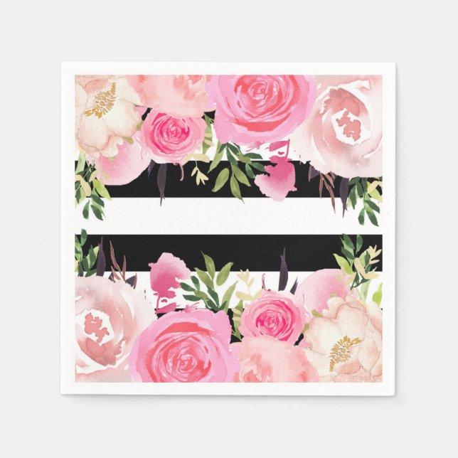 Serviette En Papier Blancs noirs Fête des mariées florale rose (Devant)