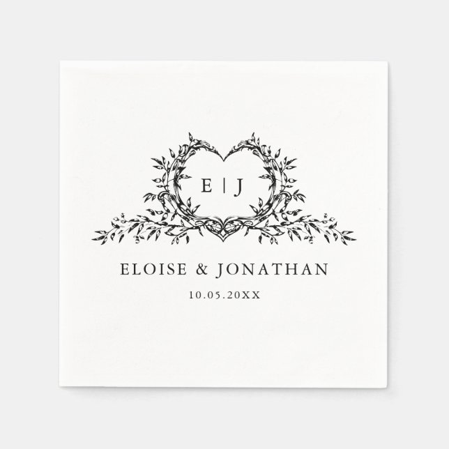 Serviette En Papier Blason de mariage calligraphié à monogramme minima (Devant)