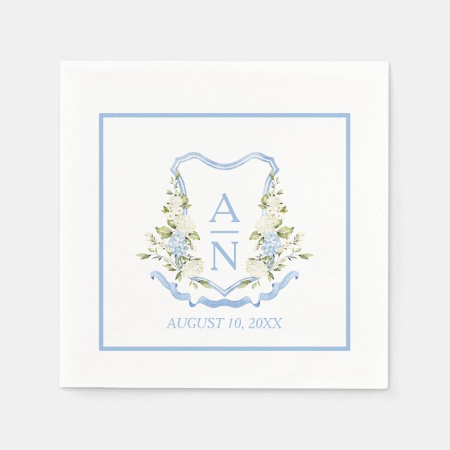 Serviette En Papier Blason de monogramme simple à l'hortensia bleu (Devant)