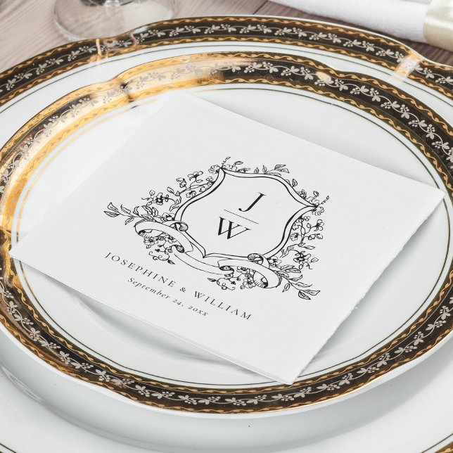 Serviette En Papier Blason de monogramme traditionnel Fleurs Élégant M (Créateur téléchargé)